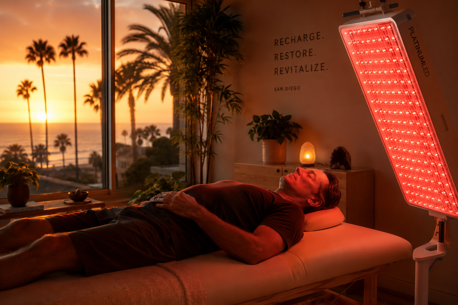 Woman in her 50s doing light therapy for longevity at home in San Diego — calm, healthy, glowing skin.