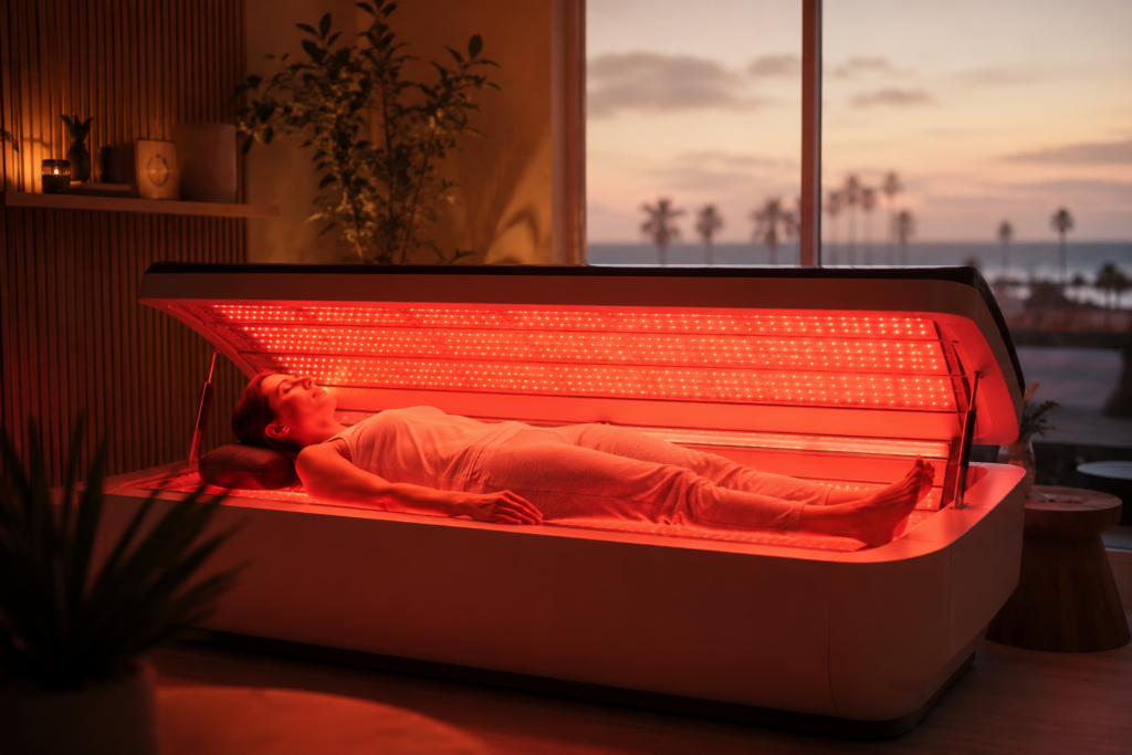 Person relaxing in a full-body near infrared light therapy bed for muscle recovery and endurance in San Diego