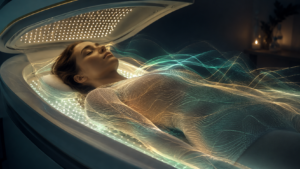 Woman relaxing in SpectraLight bed receiving Rife frequency 6000 electromagnetic therapy for nervous system exhaustion and neural stem cell support.