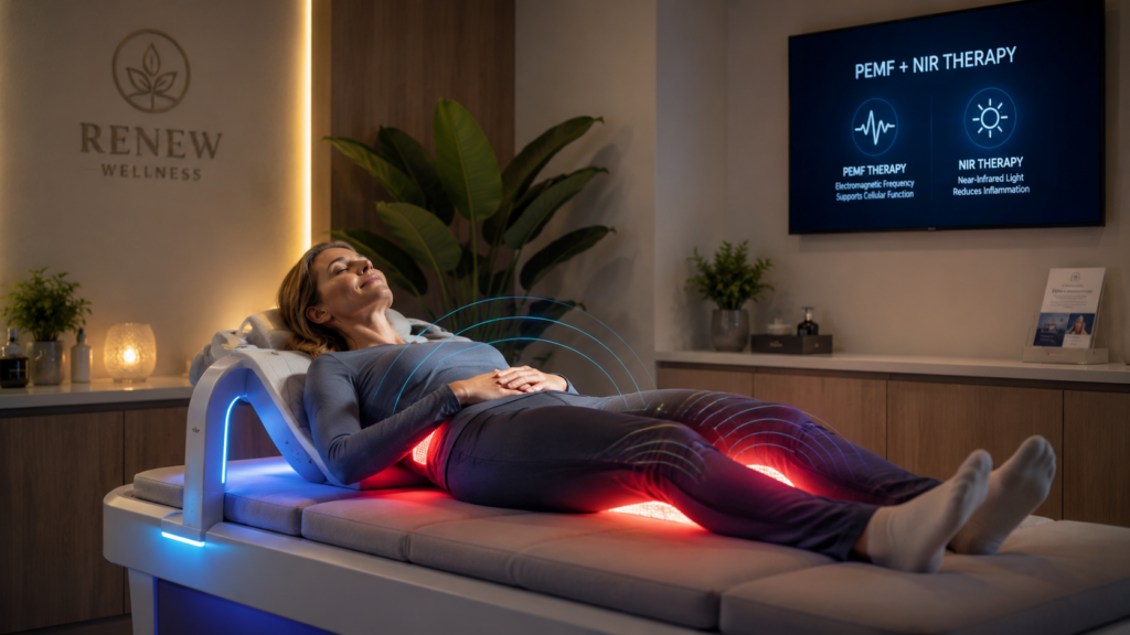 Woman experiencing chronic pain receiving frequency therapy treatment for natural pain relief and inflammation support