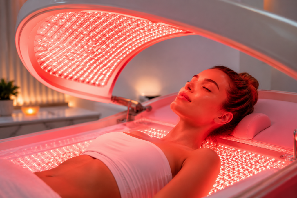 Woman receiving near infrared light therapy for deep skin rejuvenation