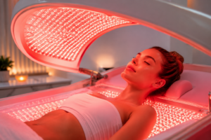 Woman receiving near infrared light therapy for deep skin rejuvenation