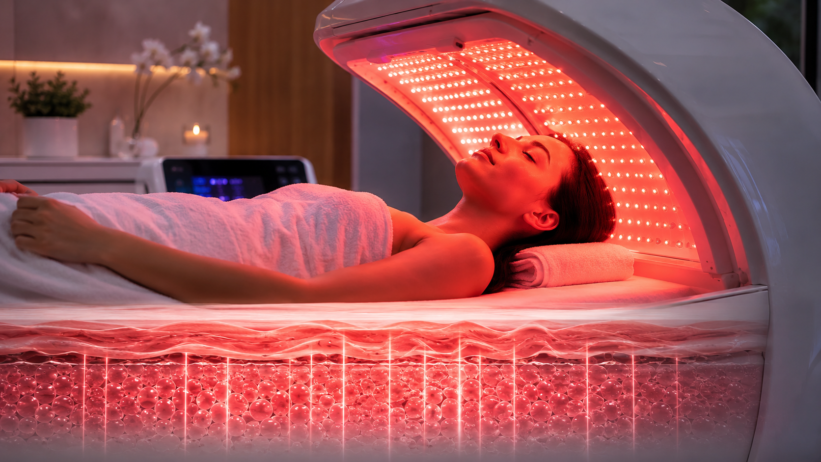 Woman receiving near infrared light therapy for skin rejuvenation in a full-body light therapy bed