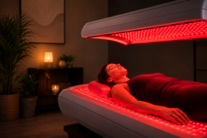 Person relaxing during near infrared light therapy session for brain health and mental wellness