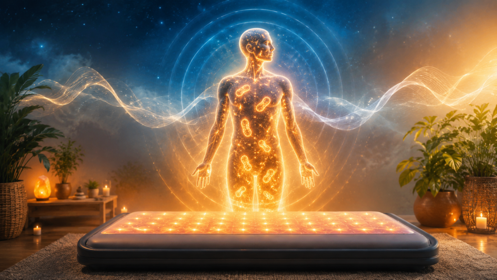 PEMF therapy and near-infrared light supporting cellular energy, mitochondrial health, deep sleep, and mental focus – illustrated by a glowing human silhouette with pulsing electromagnetic waves and a light therapy bed.