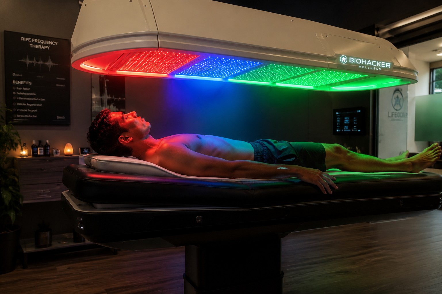 A person relaxing on a high-tech SpectraLight therapy bed, surrounded by red, blue, green, and near-infrared light waves and floating Rife frequency soundwaves targeting cellular healing and ATP energy production.